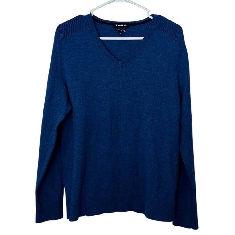 Express Men’s V-Neck Merino Wool Blend Long Sleeve‎ Sweater Size XL Blue Office